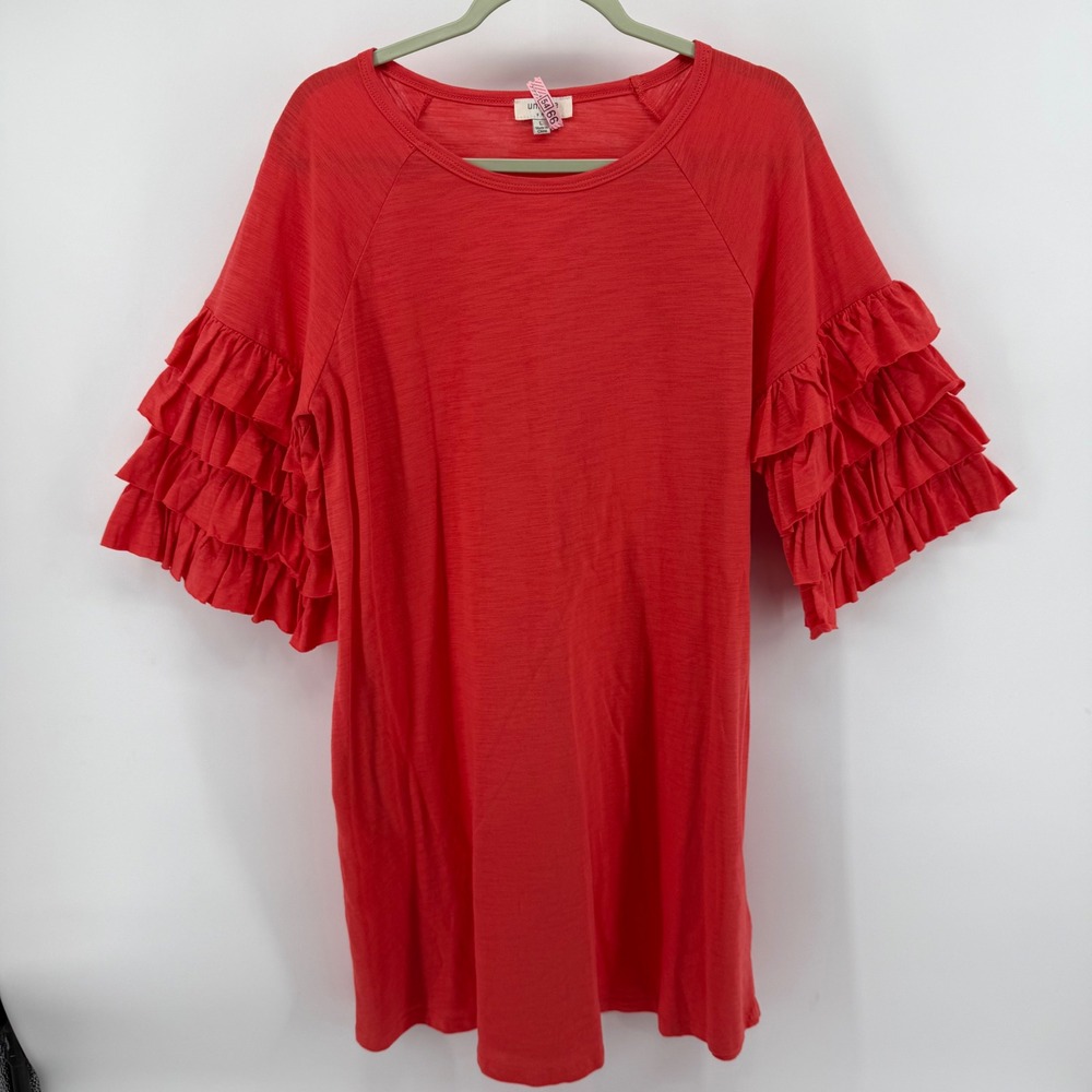 Umgee Women's Large Tunic Dress Orange Tiered Ruffle Sleeve Cotton Slub